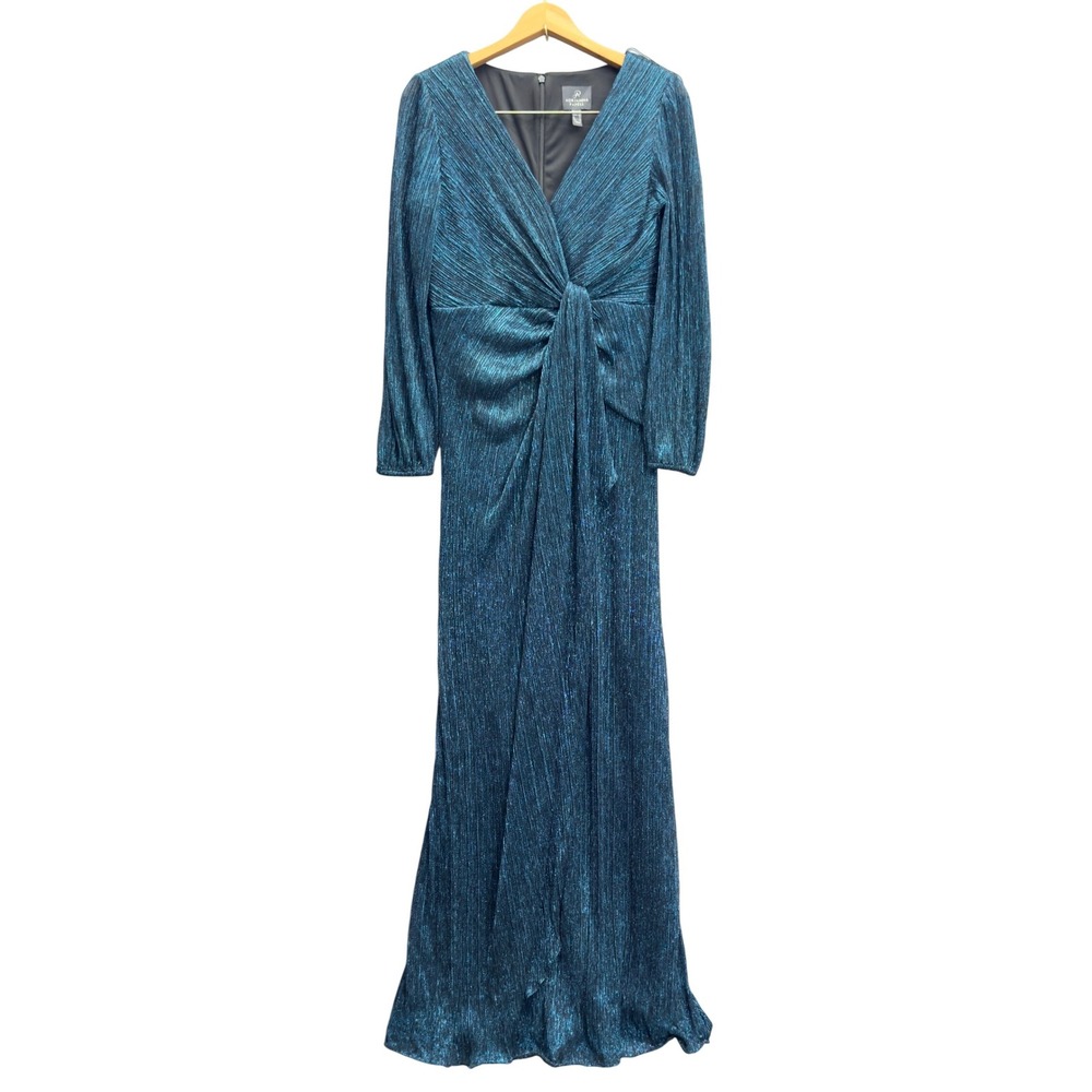 Adrianna Papell Teal‎ Metallic Mesh Draped Long Sleeve Gown Size 6